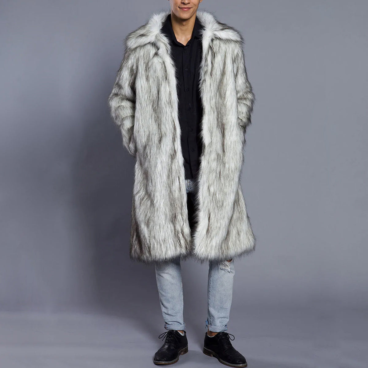 Lorenzo Vitali ivory faux-fur full-length coat with dramatic wide shawl collar for winter