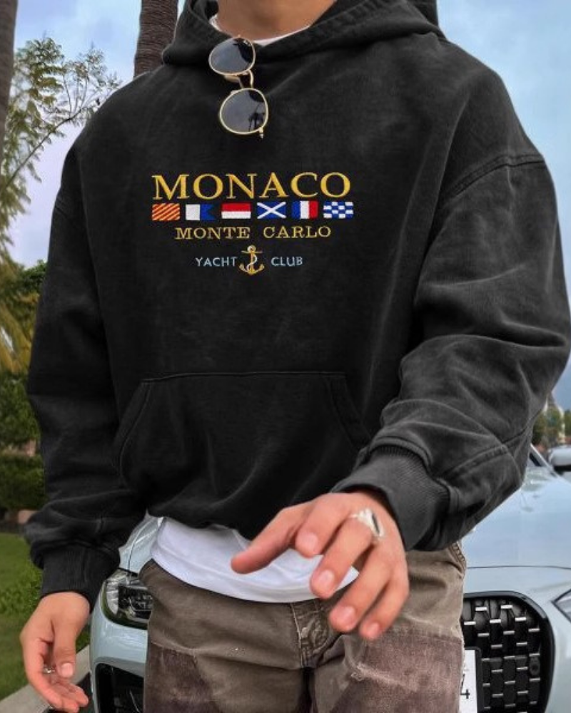 Men's oversized gray hoodie sweatshirt relaxed fit soft knit embroidered nautical graphic Orsenvi
