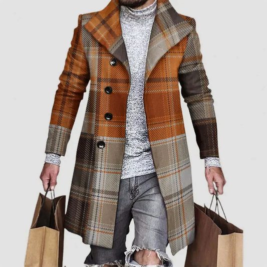 Mens Long Plaid Overcoat Notched Lapel Orsenvi Elegant