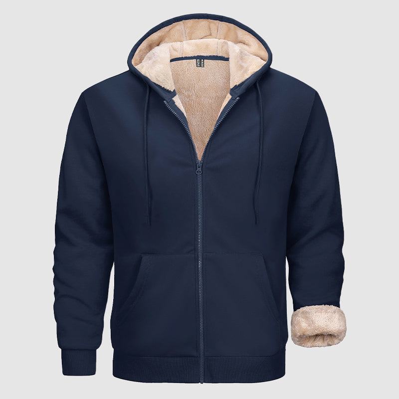 Men's olive zip hoodie with sherpa lining, multi-pocket design, cold weather outerwear by Orsenvi