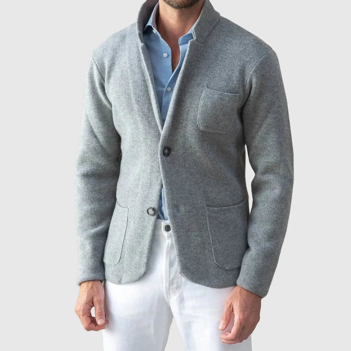 Men's navy knit blazer cardigan-style smart casual jacket with two-button front closure
