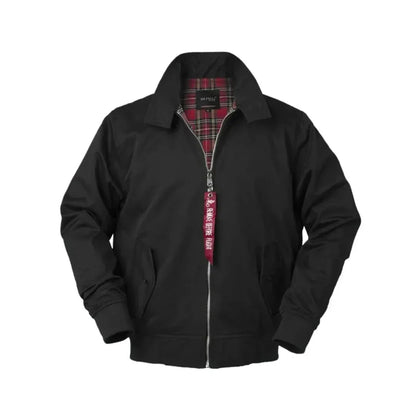 Men's navy Harrington jacket tailored shoulders, tartan lining, ribbed cuffs, classic British bomber style