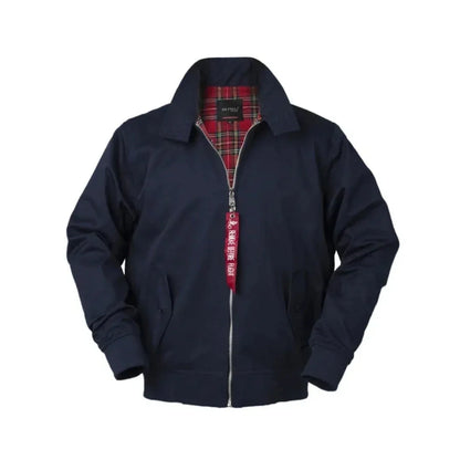 Men's navy Harrington jacket tailored shoulders ribbed cuffs signature tartan lining classic British style