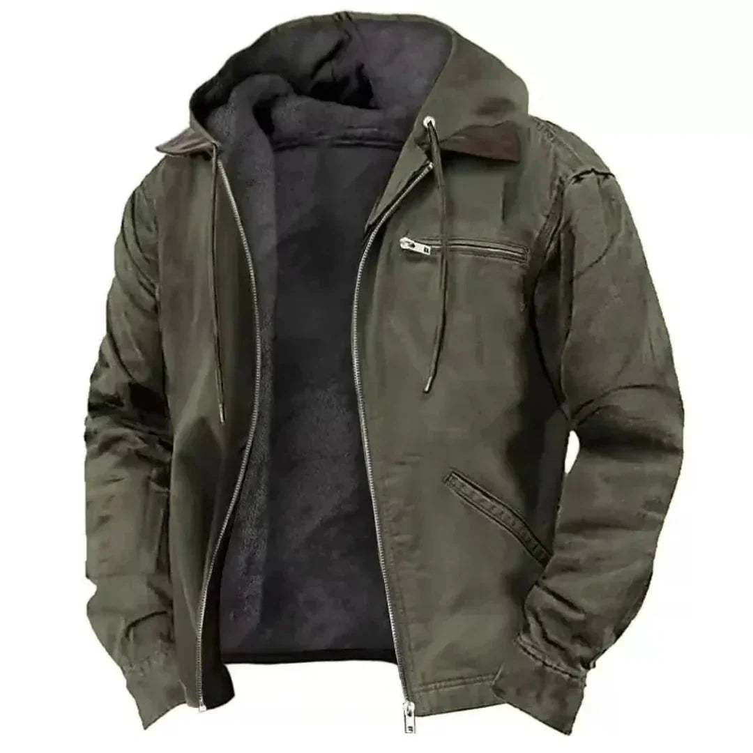 Men's navy fleece-lined hooded jacket full-zip cotton blend shell drawstring hood warm winter coat