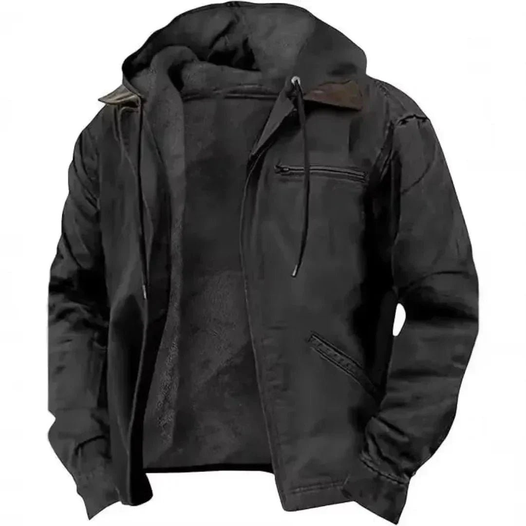 Men's navy fleece-lined hooded jacket full-zip cotton blend shell drawstring hood winter warmth