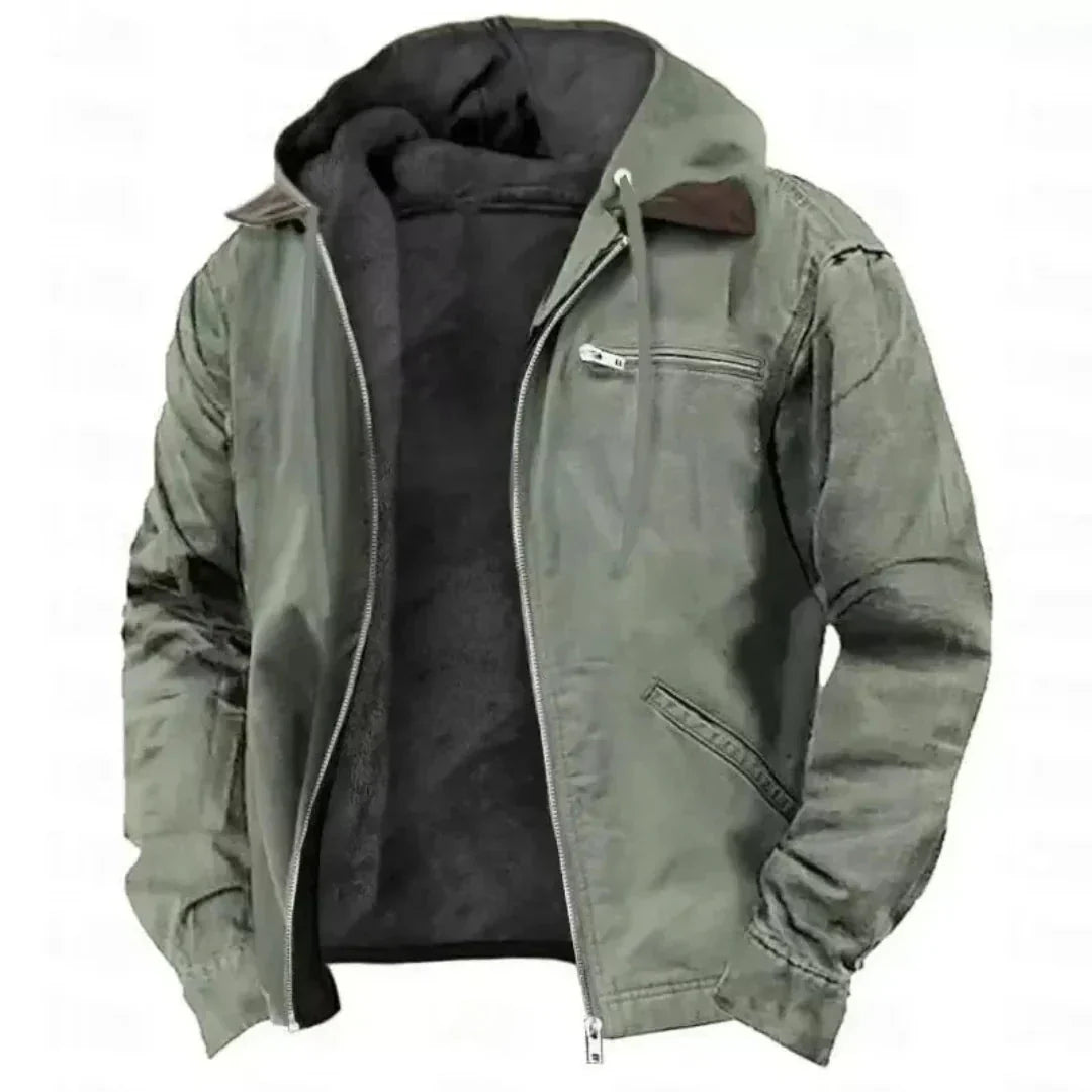Men's navy fleece-lined hooded jacket full-zip cotton blend shell drawstring hood cold weather