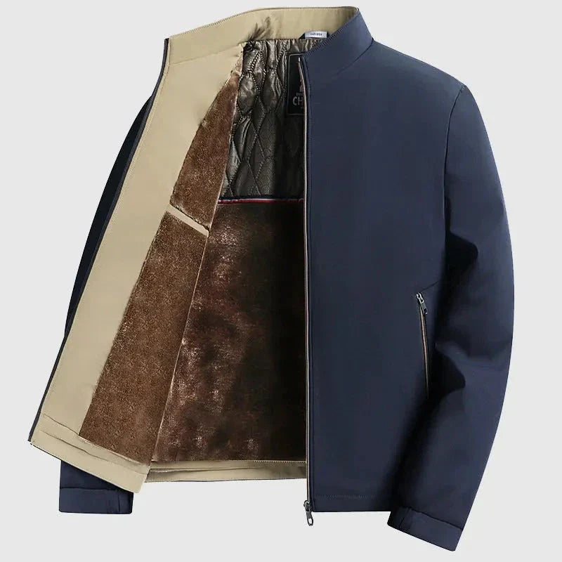 Men's black thermal winter jacket fleece-lined faux fur interior stand collar full zip windproof shell