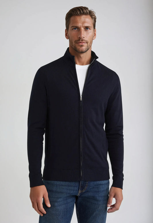 Jacob Men's Full Zip High Neck Sweater Navy Knit Zip Up Cardigan