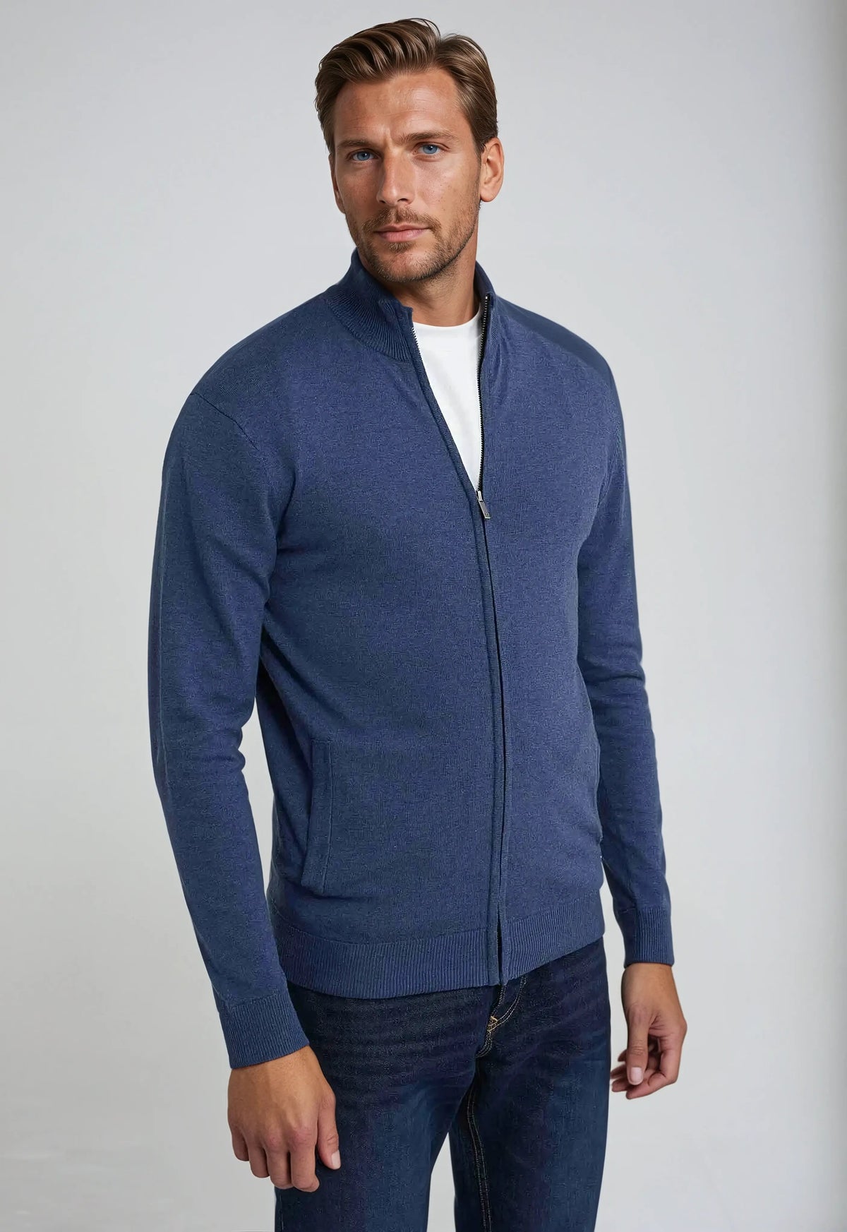 Men's navy knit full zip high neck sweater with sleek collar for versatile everyday layering