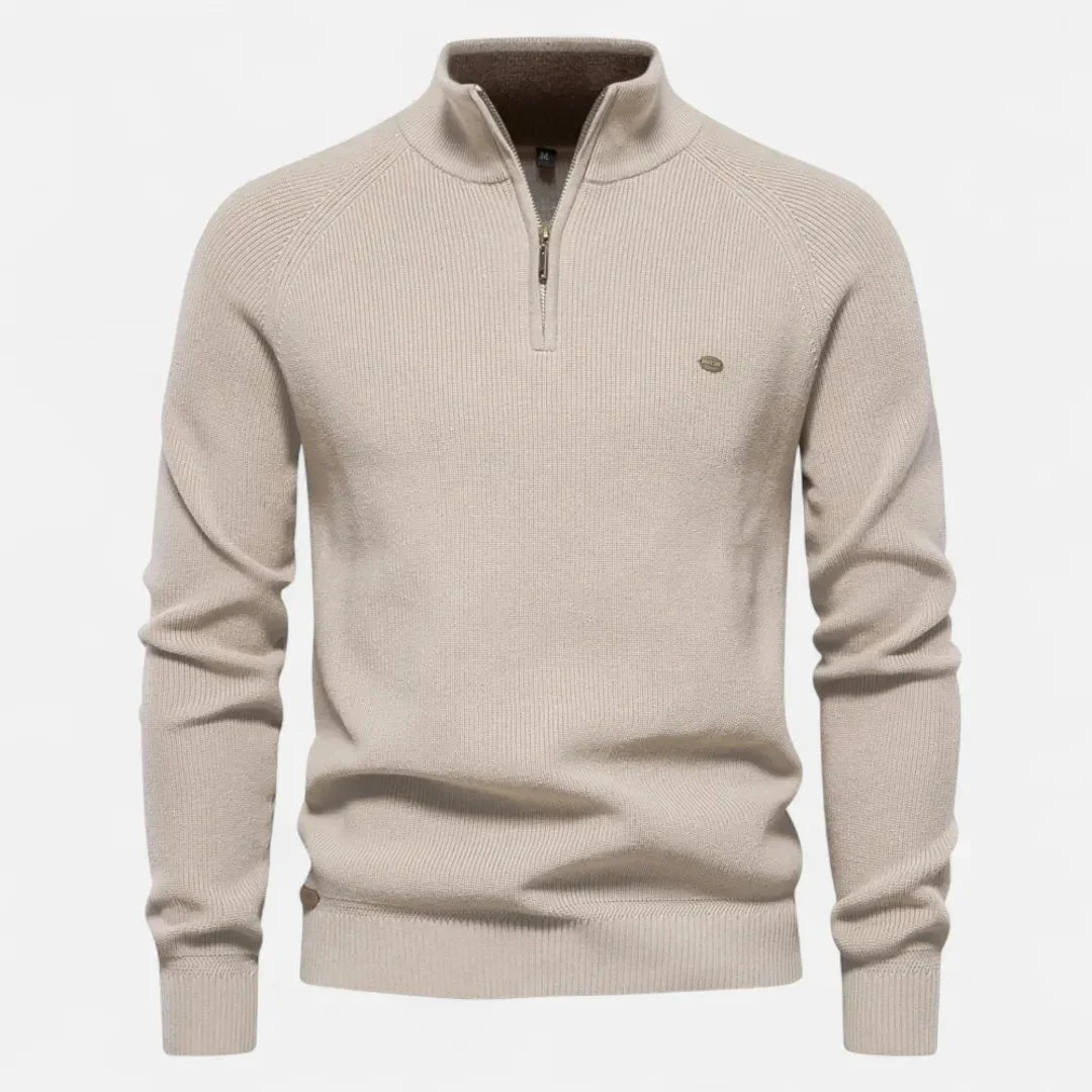 Men's half-zip cotton knit sweater stand collar ribbed texture everyday essential tailored fit