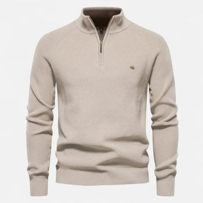Men's half-zip cotton knit sweater stand collar ribbed texture everyday essential tailored fit