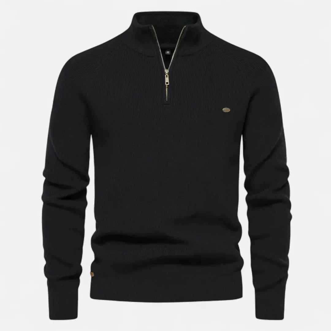 Men's half zip cotton knit sweater stand collar ribbed texture everyday essential casual pullover