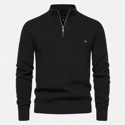 Men's half zip cotton knit sweater stand collar ribbed texture everyday essential casual pullover