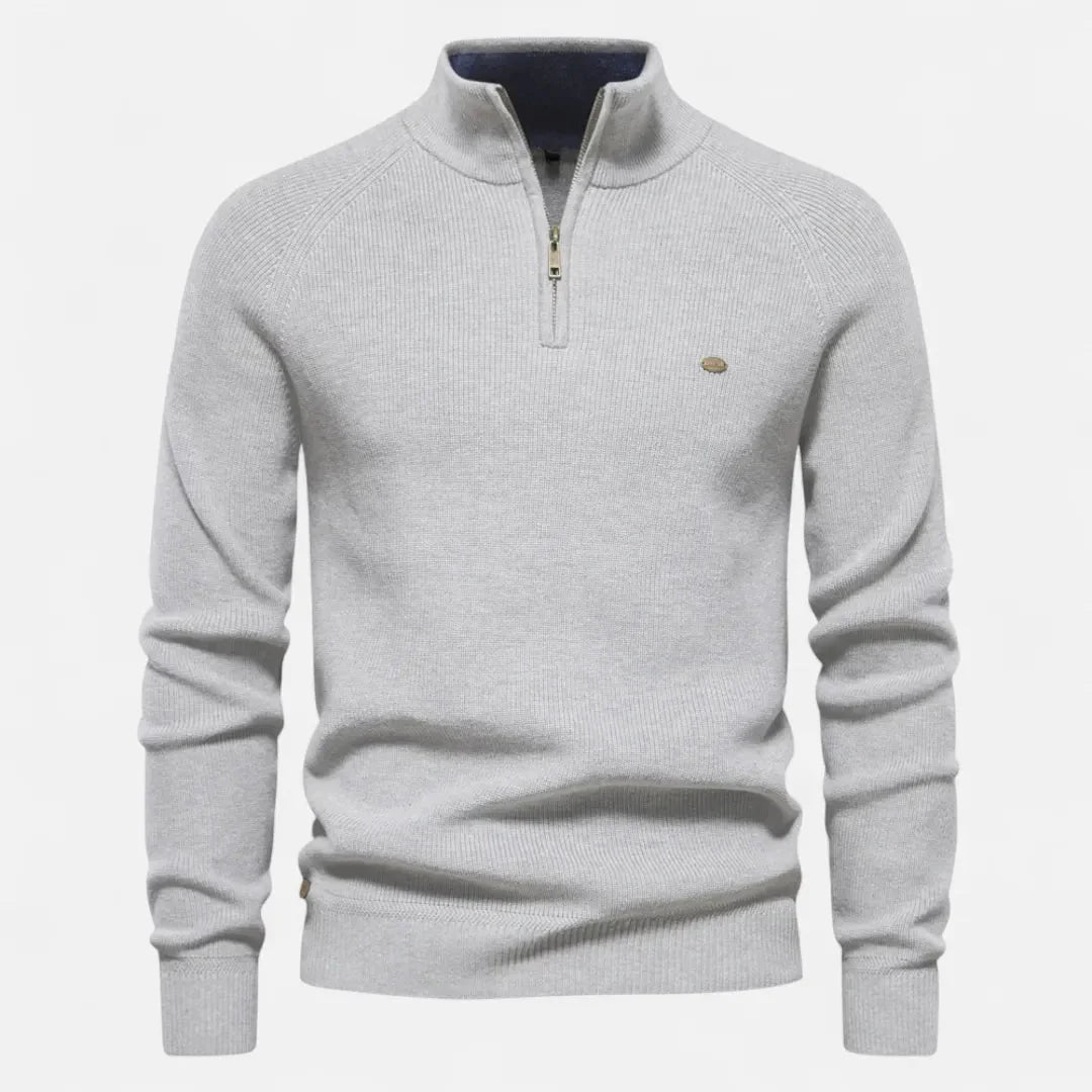 Men's half-zip cotton knit sweater stand collar ribbed texture everyday essential neutral tones