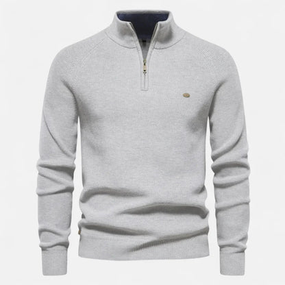 Men's half-zip cotton knit sweater stand collar ribbed texture everyday essential neutral tones
