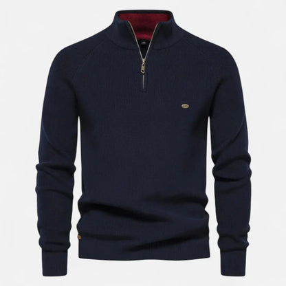Men's navy half-zip cotton knit sweater stand collar ribbed texture everyday essential