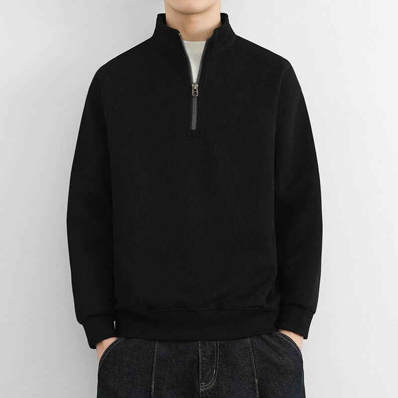 Men's winter navy ribbed knit quarter-zip sweater with textured weave, relaxed casual fit for layering