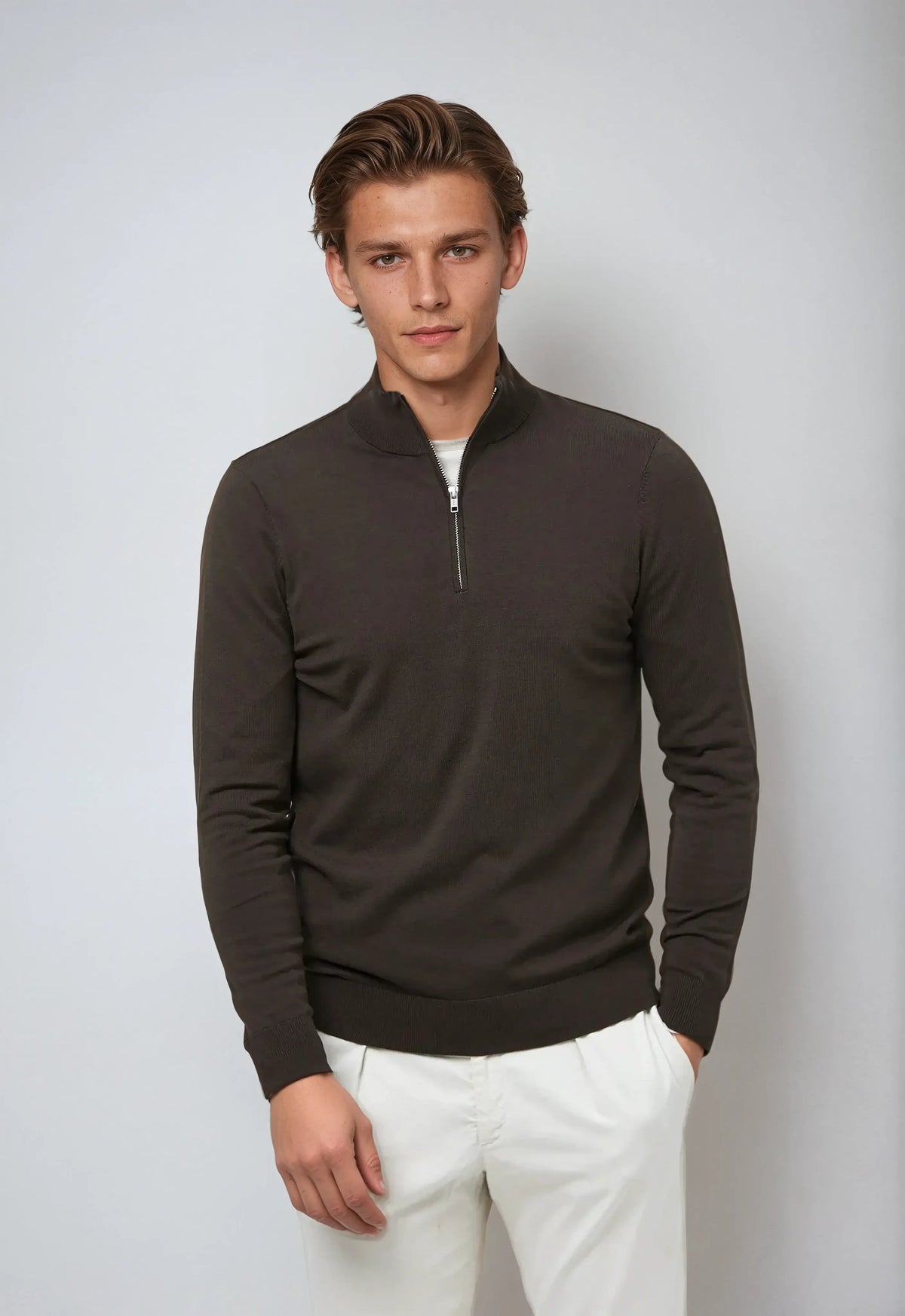 Men's gray quarter-zip knit sweater classic winter layering piece with sleek modern silhouette
