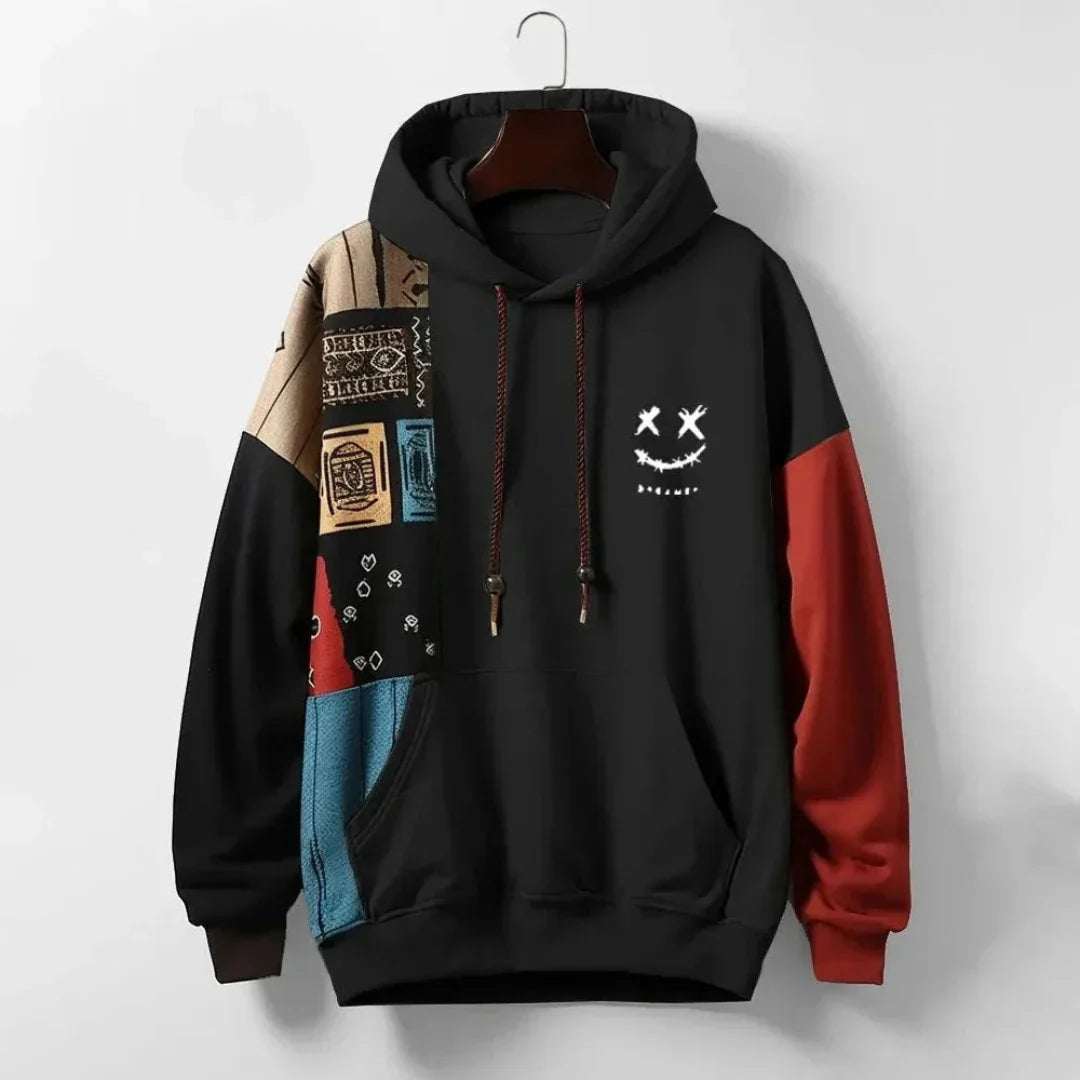 Men's multi-panel color block patchwork hoodie with stitched smile logo, streetwear polyester blend