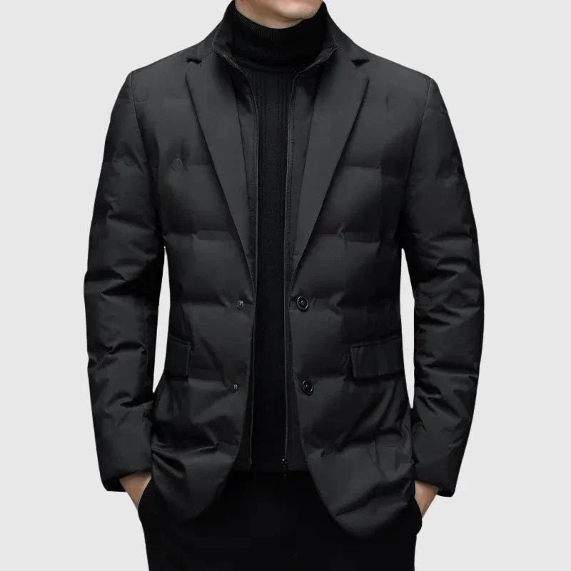 Men's navy quilted down blazer jacket with notched lapel, tailored silhouette for cold weather