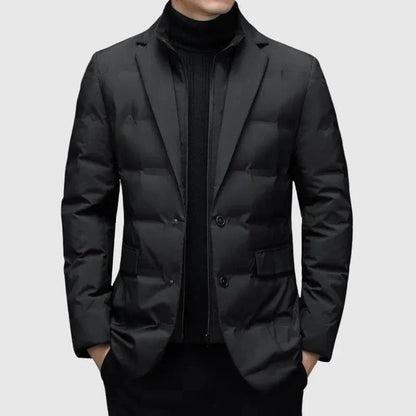 Men's navy quilted down blazer jacket with notched lapel, tailored silhouette for cold weather