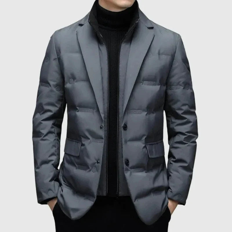 Men's navy quilted down blazer jacket with notched lapel, tailored slim fit for cold weather