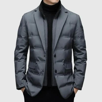 Men's navy quilted down blazer jacket with notched lapel, tailored slim fit for cold weather
