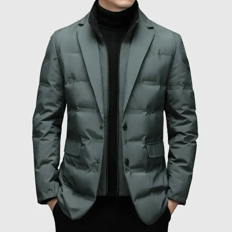 Men's navy quilted down blazer jacket with notched lapel, tailored slim fit for cold weather
