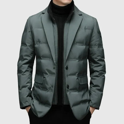 Men's navy quilted down blazer jacket with notched lapel, tailored slim fit for cold weather