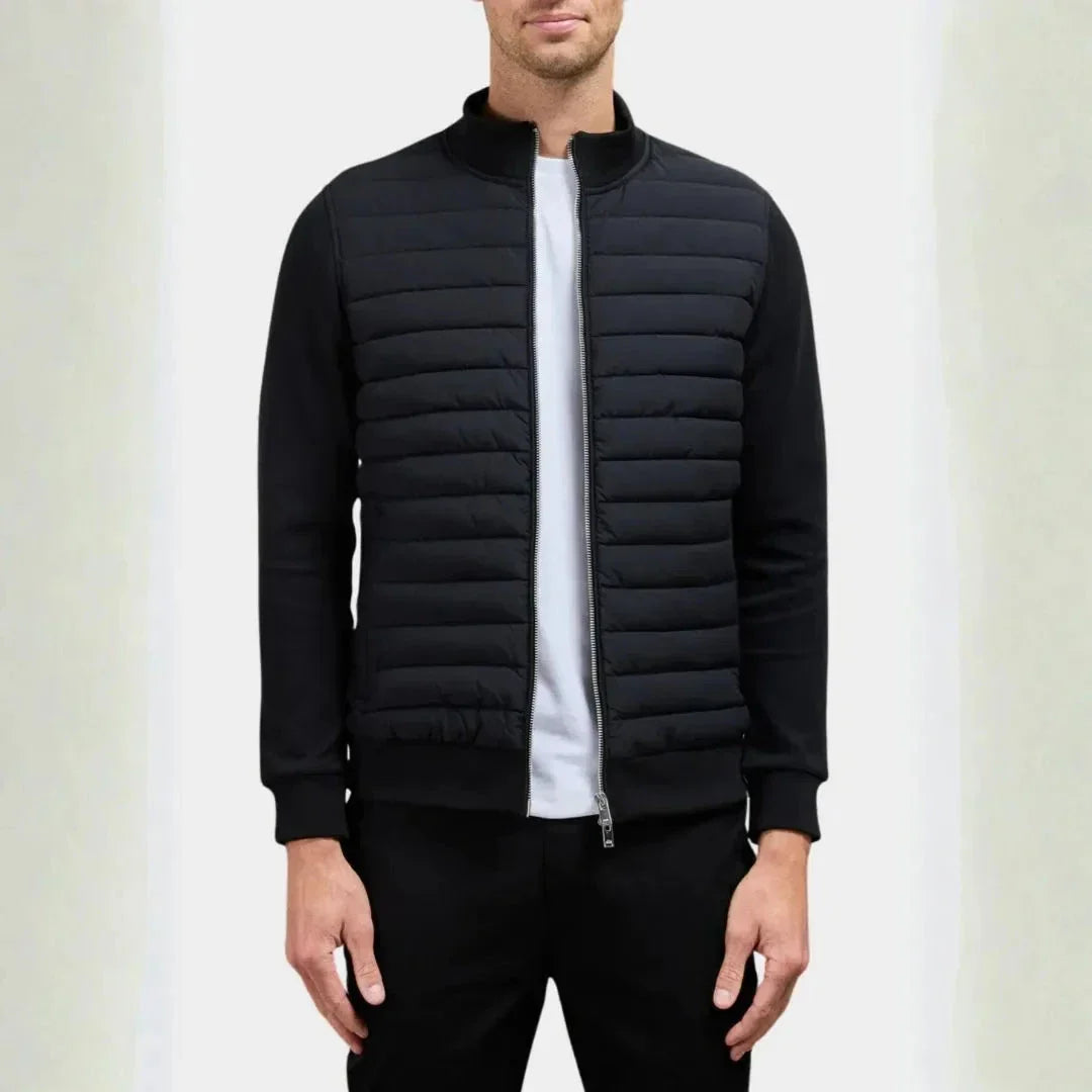 Men's quilted hybrid jacket lightweight padded front soft sleeves modern slim fit everyday wear