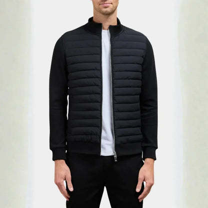 Men's quilted hybrid jacket lightweight padded front soft sleeves modern slim fit everyday wear