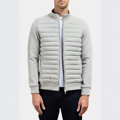 Men's quilted hybrid jacket lightweight padded front soft sleeves modern silhouette everyday casual wear