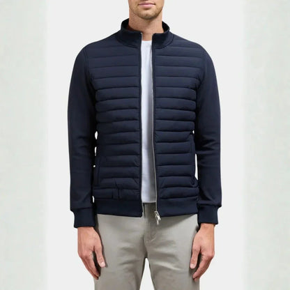 Men's quilted hybrid jacket lightweight padded front soft sleeves modern versatile everyday style