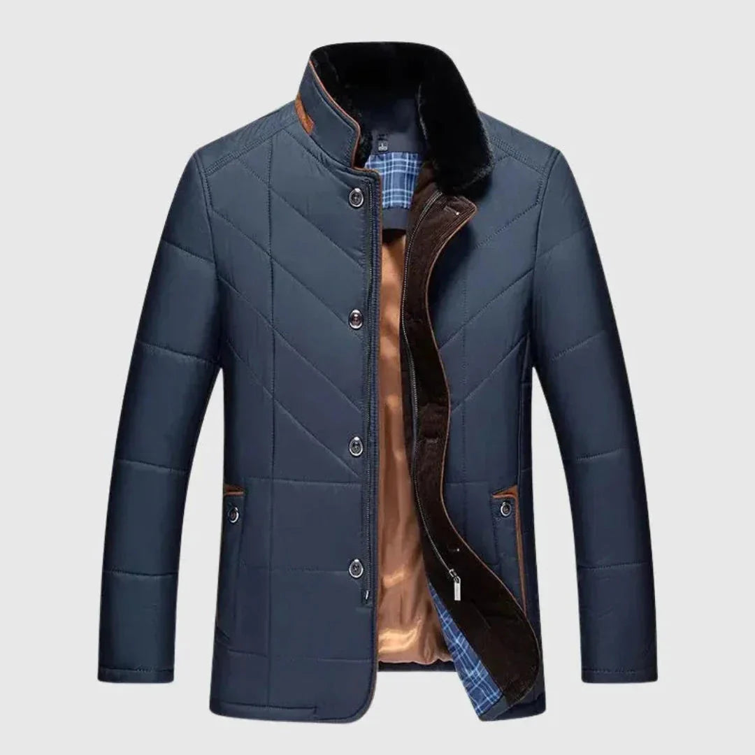 Men's quilted padded jacket stand collar lightweight dual zipper button closure modern fit
