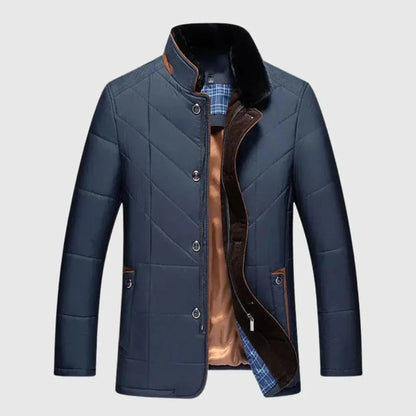 Men's quilted padded jacket stand collar lightweight dual zipper button closure modern fit