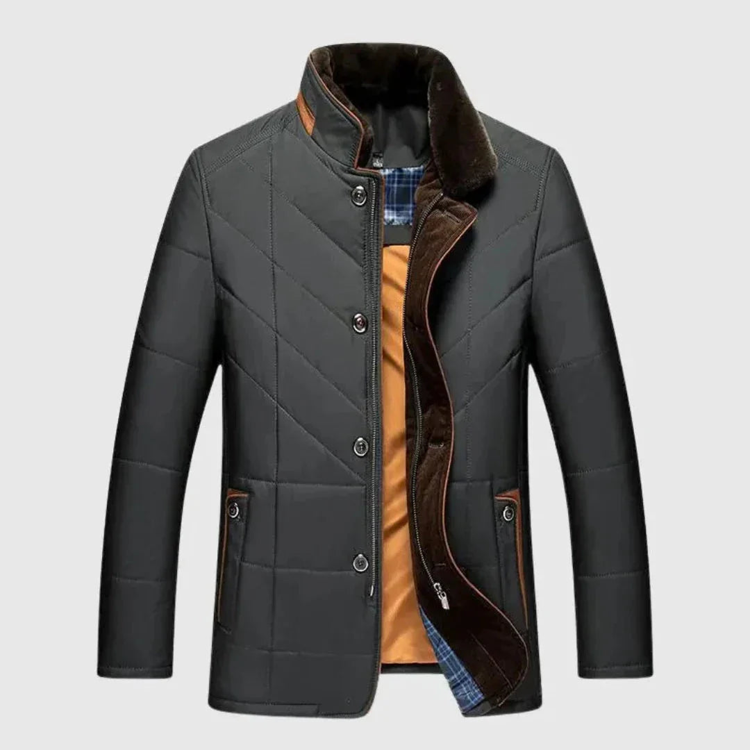 Orsenvi men's quilted padded jacket stand collar lightweight dual zipper button closure modern fit