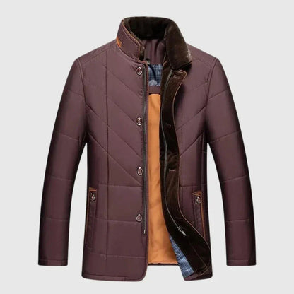 Men's quilted padded jacket stand collar lightweight dual zipper button closure modern fit