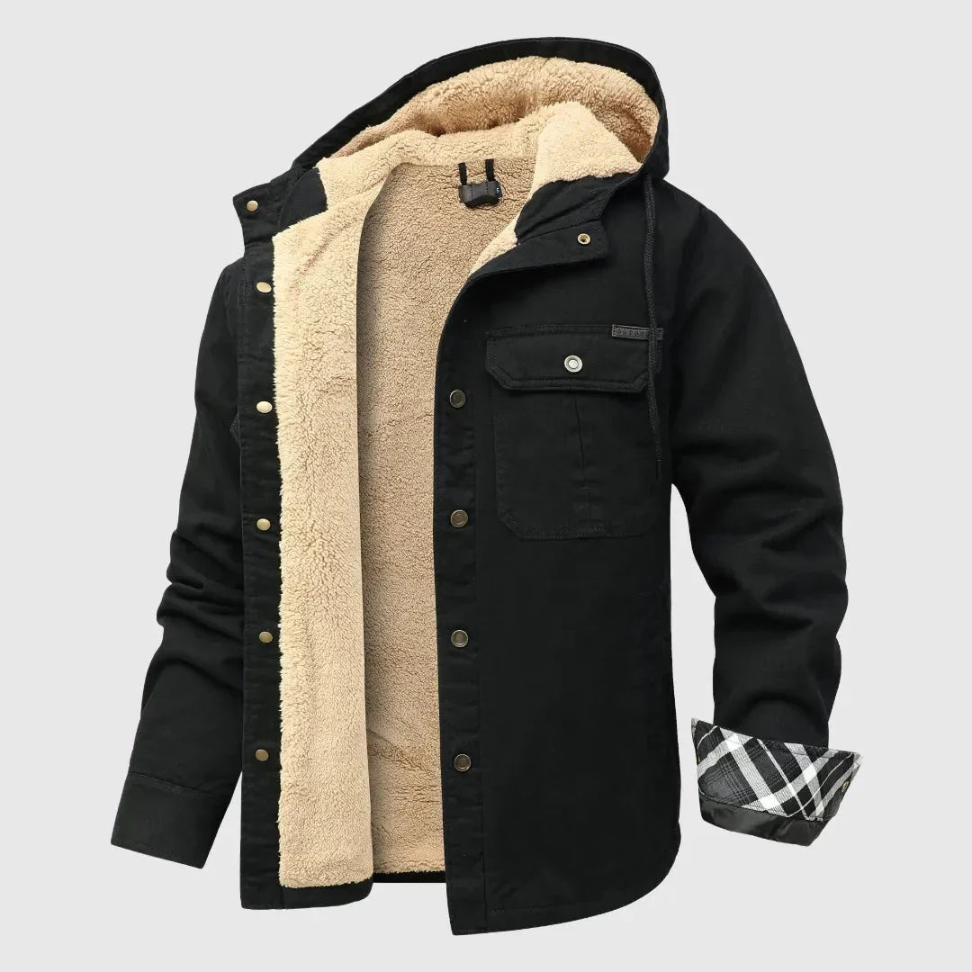 Men's sherpa fleece jacket rugged outer shell plush interior dual chest pockets cold weather layer