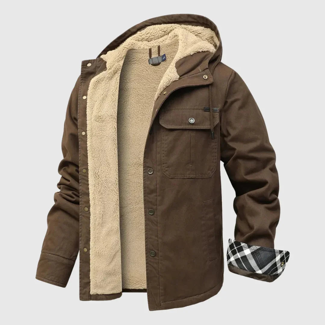 Men's sherpa fleece jacket rugged outer shell plush interior dual chest pockets cold weather layer