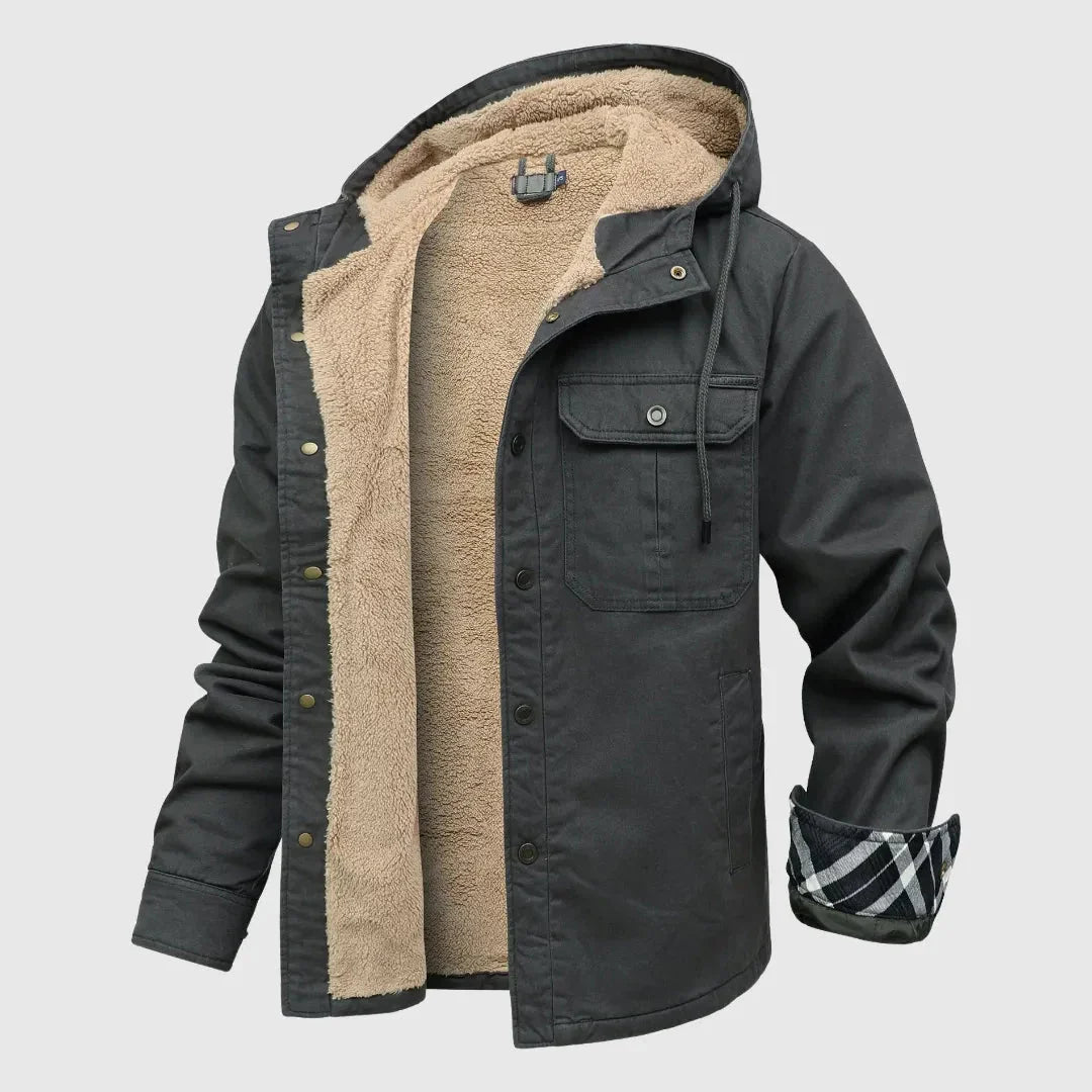 Men's sherpa fleece jacket rugged outer shell plush interior dual chest pockets warm layer