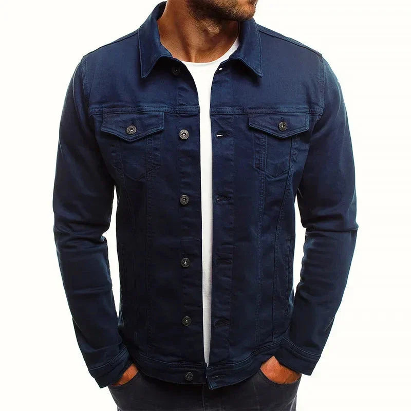 Men's slim fit olive denim jacket with button-front chest pockets, stretch cotton blend essential