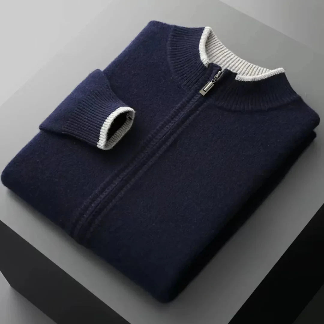 Men's merino wool full-zip sweater with two-tone ribbed collar, lightweight layering piece for everyday wear