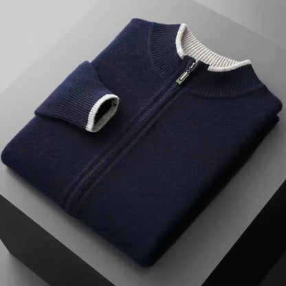 Men's merino wool full-zip sweater with two-tone ribbed collar, lightweight layering piece for everyday wear