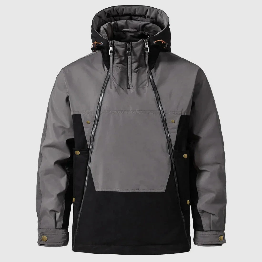 Men's weatherproof insulated padded jacket with adjustable hood, waterproof shell, rugged cold-weather style