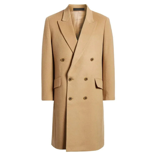 Orsenvi Men's Beige Wool Trench Coat Elongated Collar