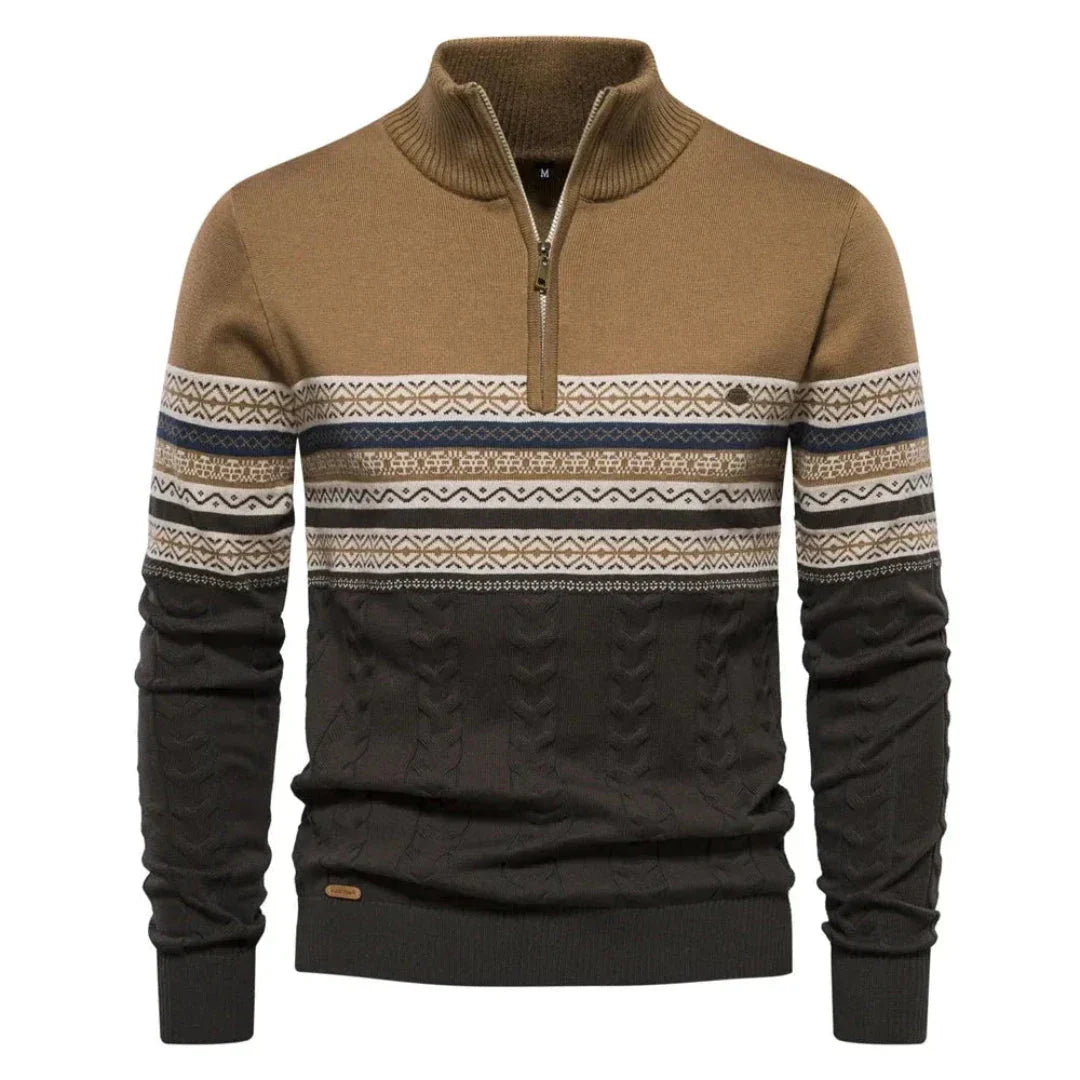 Myles striped quarter-zip sweater with Nordic pattern, ribbed cuffs, premium knit fabric