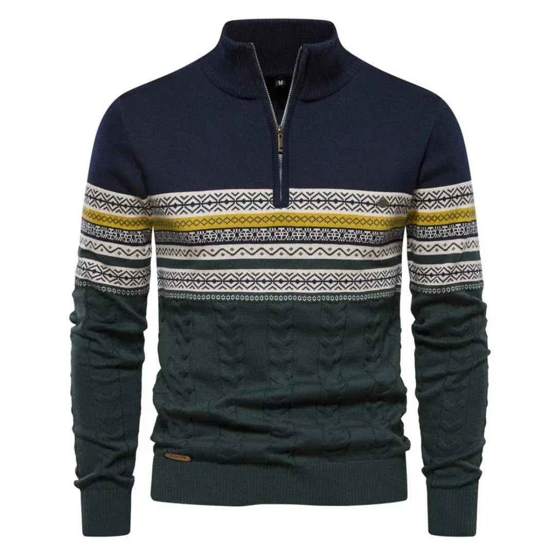 Myles striped quarter-zip knit sweater with Nordic pattern, ribbed cuffs, cozy winter style