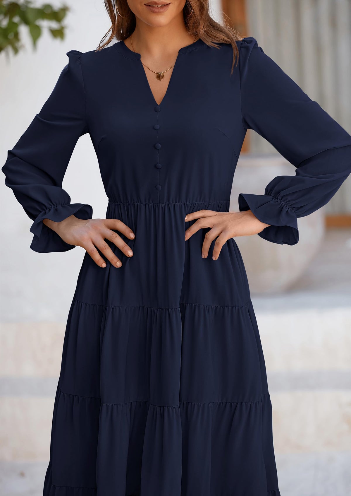 Brick Red Swiss Dot Smocked Tiered Maxi Dress - Long Sleeve, photo 123