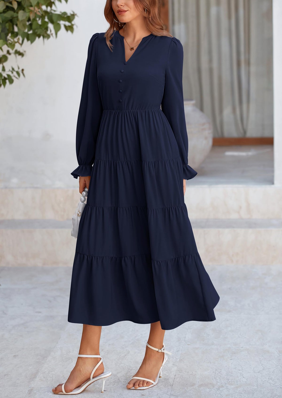 Brick Red Swiss Dot Smocked Tiered Maxi Dress - Long Sleeve, photo 125
