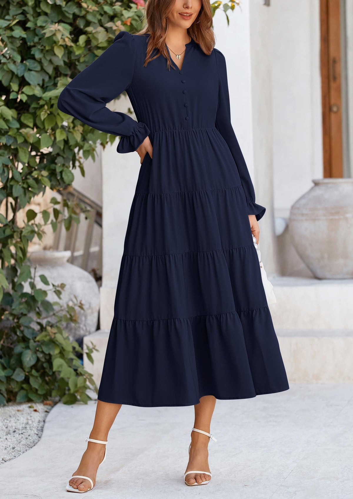 Brick Red Swiss Dot Smocked Tiered Maxi Dress - Long Sleeve, photo 119